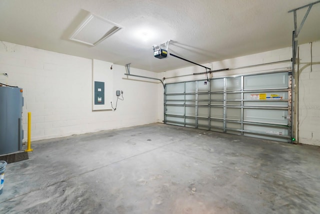 garage featuring a garage door opener, electric panel, and water heater