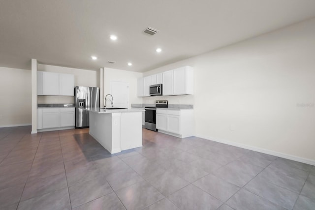 kitchen featuring white cabinetry, sink, a center island with sink, and appliances with stainless steel finishes