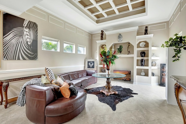 living area featuring coffered ceiling, light tile patterned floors, and ornamental molding