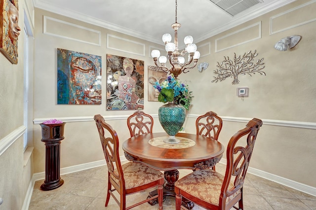 tiled dining area featuring ornamental molding and a notable chandelier