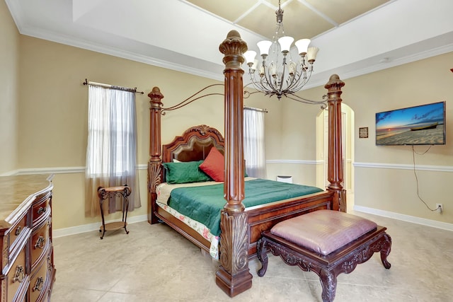 bedroom featuring a raised ceiling, crown molding, and a chandelier