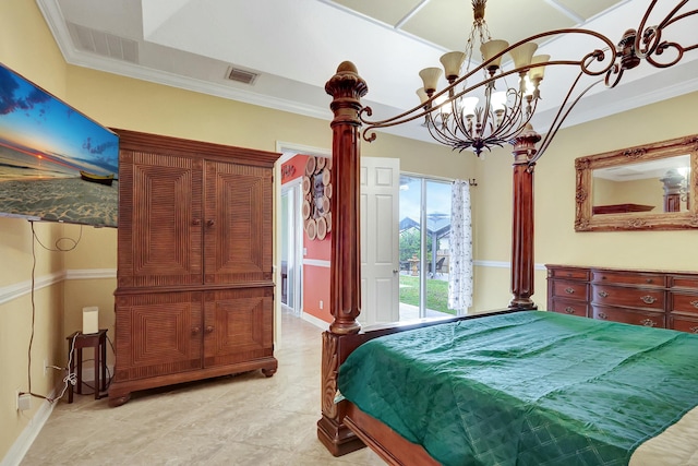 bedroom with ornamental molding and ornate columns