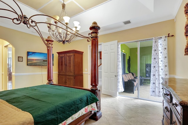 bedroom with light tile patterned flooring, ornamental molding, and access to outside