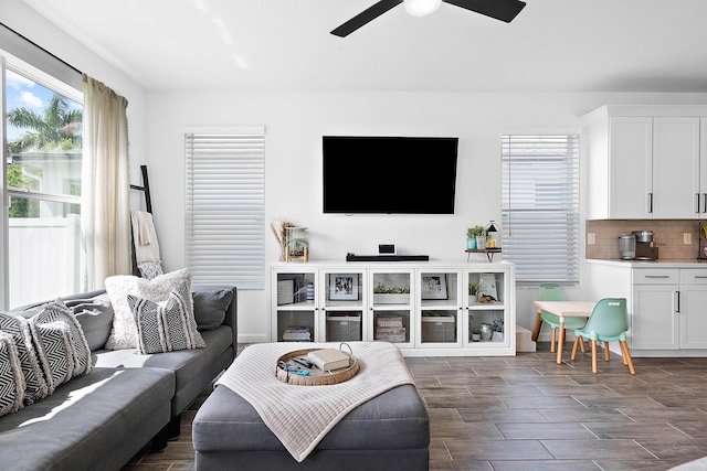 living room featuring ceiling fan and a healthy amount of sunlight