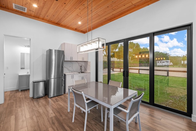 dining space with wood ceiling, sink, and light hardwood / wood-style flooring