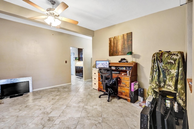 tiled office space with ceiling fan