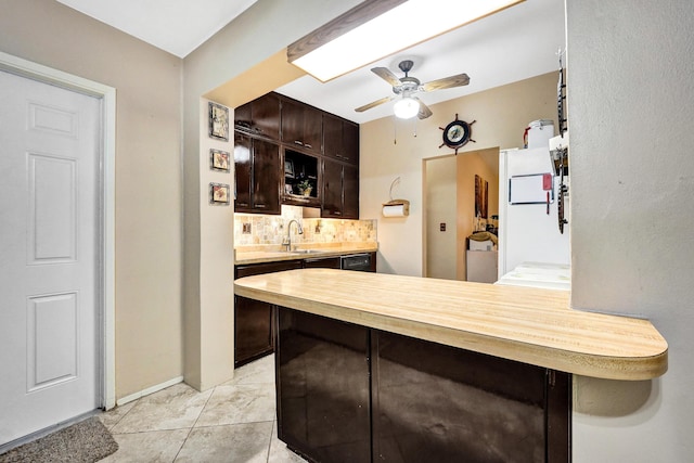 kitchen with sink, dark brown cabinetry, wood counters, decorative backsplash, and kitchen peninsula