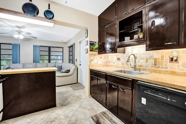 kitchen with tasteful backsplash, dishwasher, sink, and dark brown cabinets