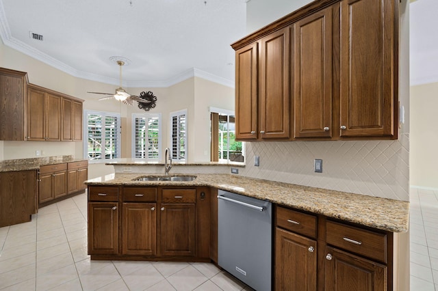 kitchen featuring sink, ornamental molding, stainless steel dishwasher, and kitchen peninsula