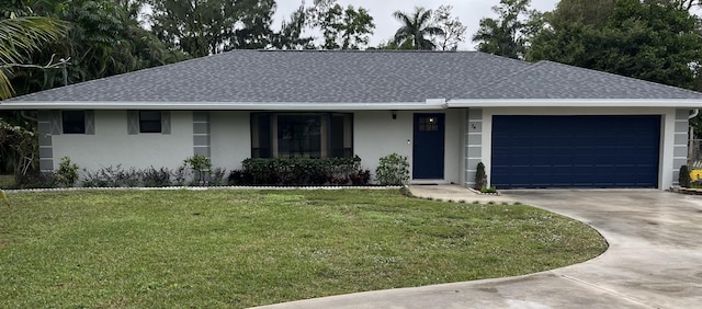 ranch-style house with a garage and a front lawn