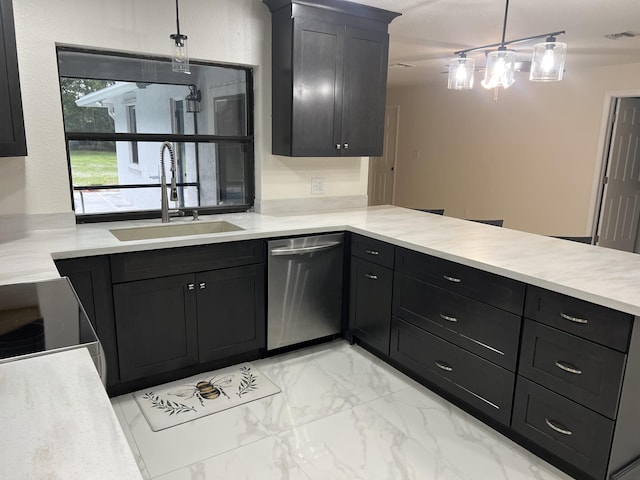 kitchen with electric range oven, pendant lighting, dishwasher, sink, and kitchen peninsula