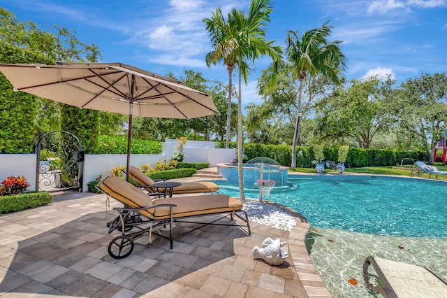 view of pool featuring a patio area and pool water feature