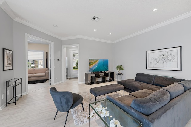 living room with ornamental molding