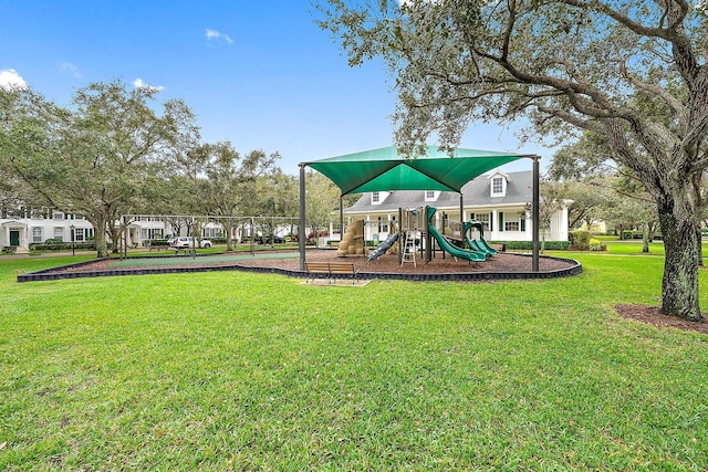 view of jungle gym with a yard