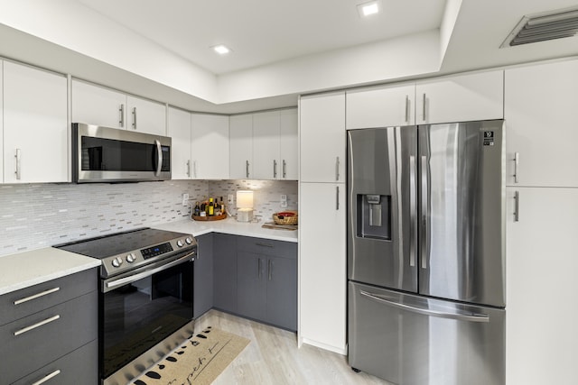 kitchen featuring gray cabinets, appliances with stainless steel finishes, tasteful backsplash, white cabinetry, and light wood-type flooring