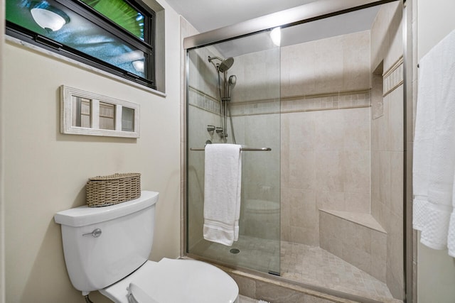 bathroom featuring toilet and a shower with door