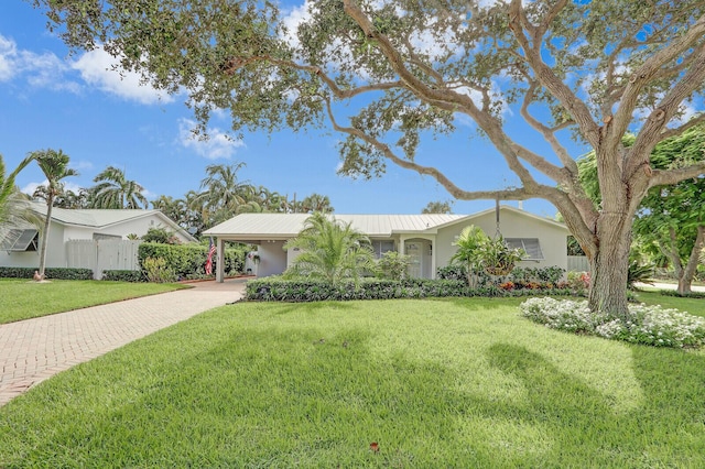 ranch-style house featuring a front lawn and a carport