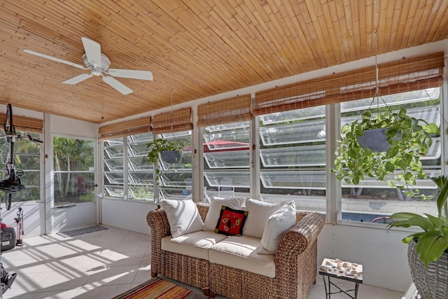 sunroom / solarium featuring wood ceiling, plenty of natural light, and ceiling fan