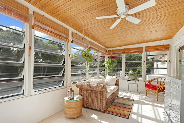 sunroom / solarium featuring ceiling fan, vaulted ceiling, and wooden ceiling