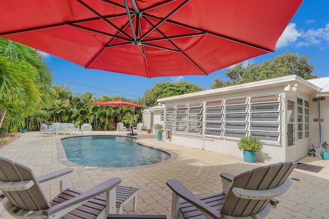 view of swimming pool with a patio