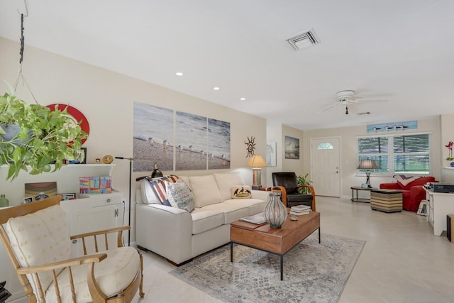 living room featuring ceiling fan