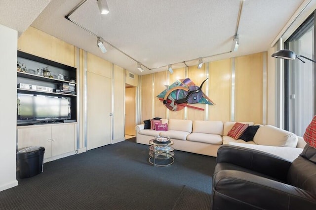 carpeted living room featuring track lighting and a textured ceiling