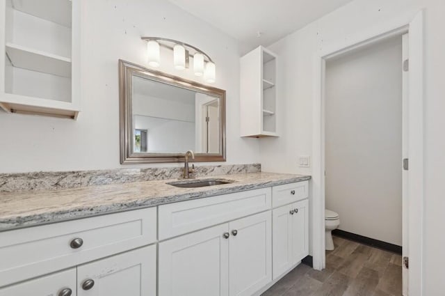 bathroom with vanity, toilet, and wood-type flooring