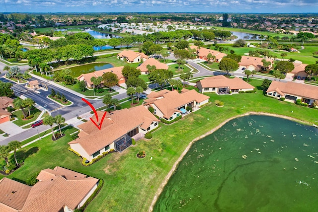 drone / aerial view featuring a water view