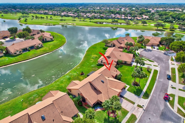 drone / aerial view featuring a water view