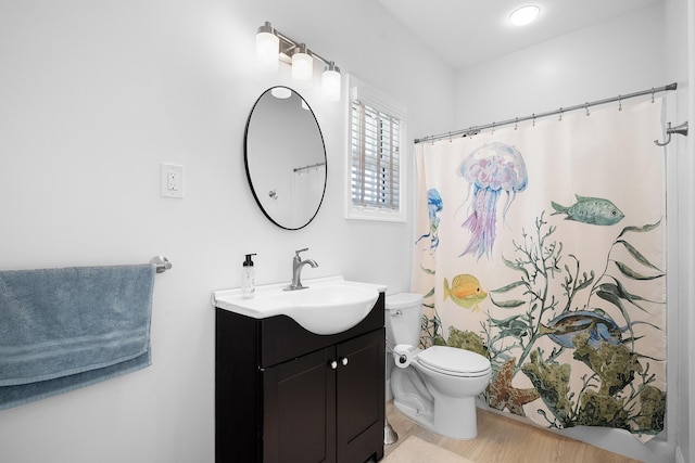 bathroom featuring vanity, hardwood / wood-style flooring, and toilet