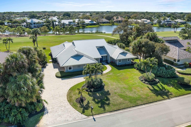 drone / aerial view with a water view