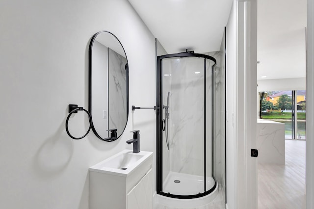 bathroom with a shower with door and vanity