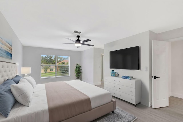 bedroom with ceiling fan and light wood-type flooring