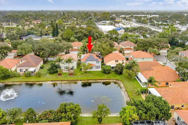 drone / aerial view featuring a water view