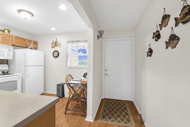 kitchen featuring white appliances, light hardwood / wood-style flooring, and light brown cabinets