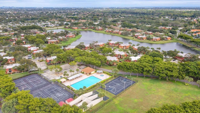 aerial view featuring a water view