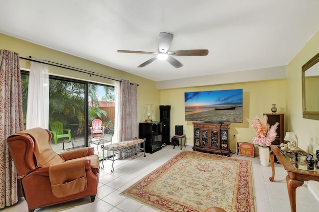 living room featuring ceiling fan and light tile patterned flooring