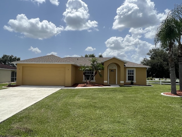 ranch-style home featuring a garage and a front lawn