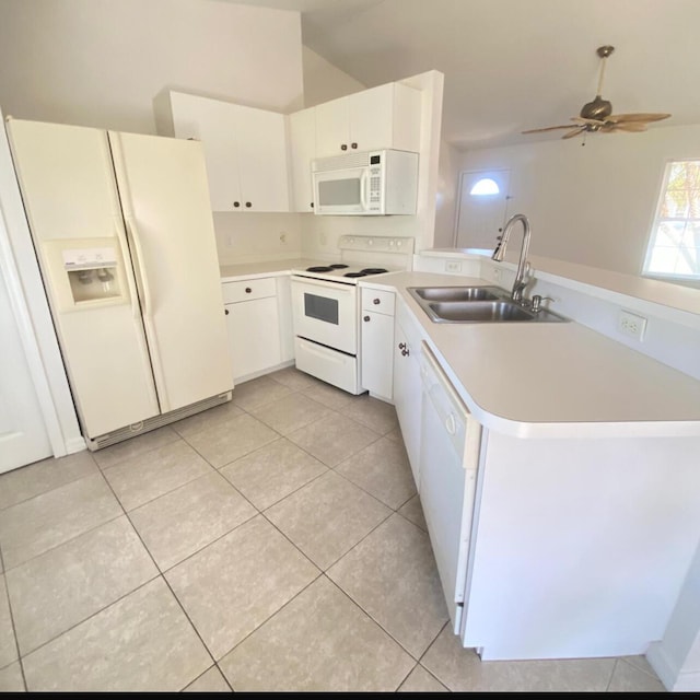 kitchen with sink, white cabinets, white appliances, and kitchen peninsula