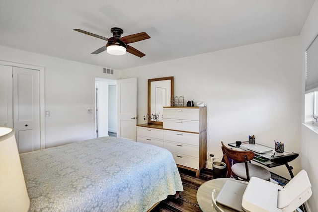 bedroom with ceiling fan, dark hardwood / wood-style floors, and a closet