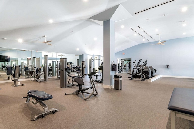 workout area featuring ceiling fan and lofted ceiling