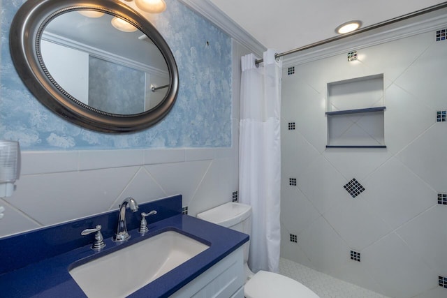 bathroom featuring vanity, tile walls, walk in shower, and toilet