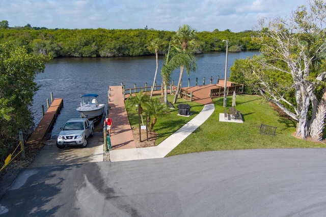 dock area with a water view and a yard