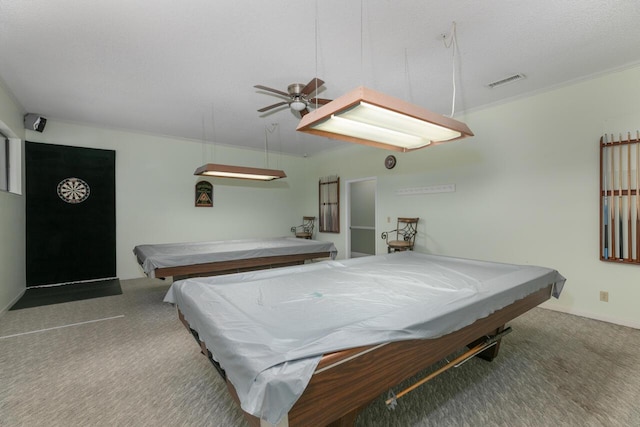 game room featuring crown molding, carpet floors, ceiling fan, and billiards