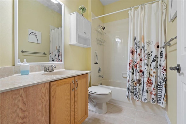 full bathroom with toilet, vanity, shower / bathtub combination with curtain, and tile patterned flooring