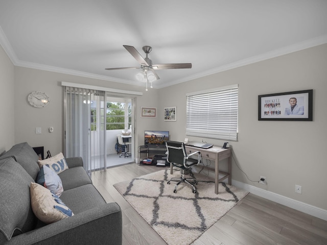 home office with crown molding, light hardwood / wood-style floors, and ceiling fan