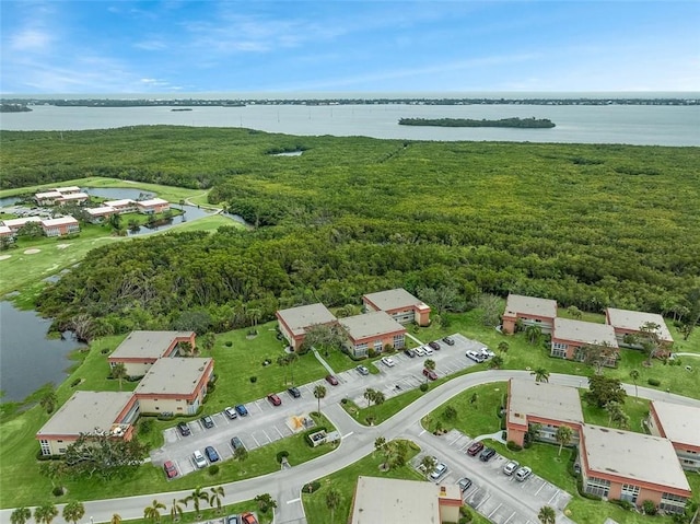 bird's eye view with a water view