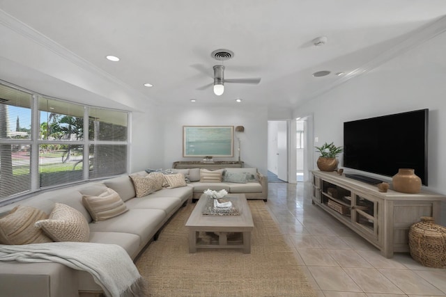 5801 NE 17th Ave, Fort Lauderdale, FL 33334 - living room featuring light tile patterned floors, ceiling fan, ornamental molding, visible vents, and recessed lighting