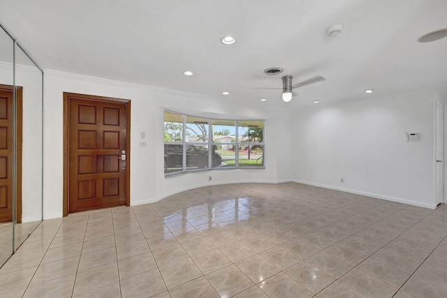5801 NE 17th Ave, Fort Lauderdale, FL 33334 - interior space with light tile patterned floors, visible vents, ceiling fan, crown molding, and recessed lighting