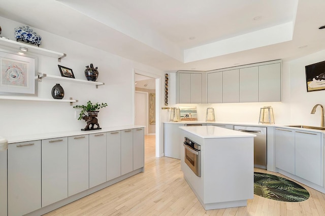 kitchen with stainless steel appliances, a center island, sink, and a raised ceiling